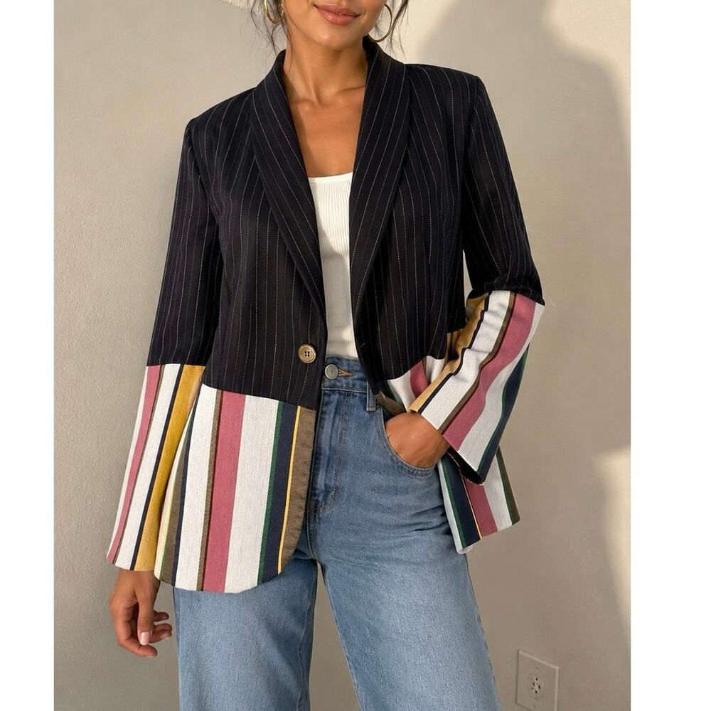 Laurie Felt Pinstripe & Rainbow Colorblock Stripe Blazer Jacket
